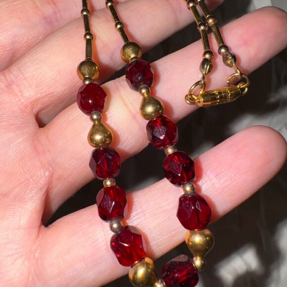 15" Red and Gold Handmade Beaded Necklace - Picture 6 of 13